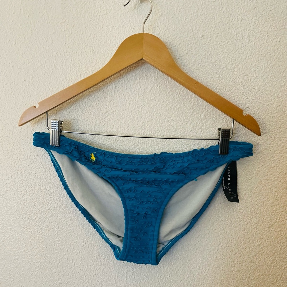 Ralph Lauren popcorn ruffle bikini bottom turquoise w/ yellow Polo logo Sz L NWT